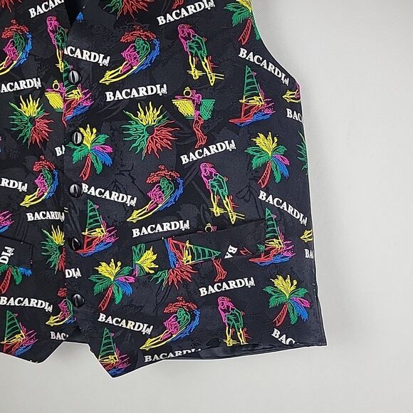 VTG Bacardi Rum Vest Silk Bartender 80's 90's Large Party Loud Waist Coat - Picture 5 of 7